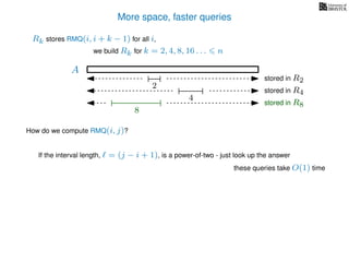 More space, faster queries
A
2
stored in R2
4
stored in R4
8
stored in R8
we build Rk for k = 2, 4, 8, 16 . . . n
Rk stores RMQ(i, i + k − 1) for all i,
How do we compute RMQ(i, j)?
If the interval length, = (j − i + 1), is a power-of-two - just look up the answer
these queries take O(1) time
8
stored in R8
 