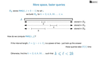 More space, faster queries
A
2
stored in R2
4
stored in R4
8
stored in R8
we build Rk for k = 2, 4, 8, 16 . . . n
Rk stores RMQ(i, i + k − 1) for all i,
How do we compute RMQ(i, j)?
If the interval length, = (j − i + 1), is a power-of-two - just look up the answer
these queries take O(1) time
Otherwise, ﬁnd the k = 2, 4, 8, 16 . . . such that k < 2k
 