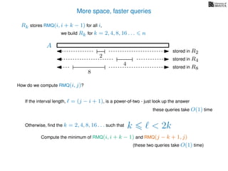 More space, faster queries
A
2
stored in R2
4
stored in R4
8
stored in R8
we build Rk for k = 2, 4, 8, 16 . . . n
Rk stores RMQ(i, i + k − 1) for all i,
How do we compute RMQ(i, j)?
If the interval length, = (j − i + 1), is a power-of-two - just look up the answer
these queries take O(1) time
Otherwise, ﬁnd the k = 2, 4, 8, 16 . . . such that k < 2k
Compute the minimum of RMQ(i, i + k − 1) and RMQ(j − k + 1, j)
(these two queries take O(1) time)
 