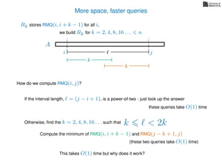 More space, faster queries
A
we build Rk for k = 2, 4, 8, 16 . . . n
Rk stores RMQ(i, i + k − 1) for all i,
How do we compute RMQ(i, j)?
If the interval length, = (j − i + 1), is a power-of-two - just look up the answer
these queries take O(1) time
Otherwise, ﬁnd the k = 2, 4, 8, 16 . . . such that k < 2k
Compute the minimum of RMQ(i, i + k − 1) and RMQ(j − k + 1, j)
(these two queries take O(1) time)
This takes O(1) time but why does it work?
i j
k
k
 