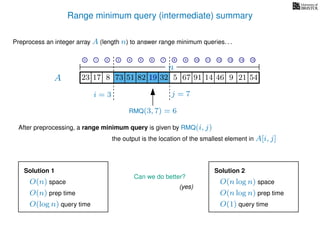 Range minimum query (intermediate) summary
A
Preprocess an integer array A (length n) to answer range minimum queries. . .
n
After preprocessing, a range minimum query is given by RMQ(i, j)
the output is the location of the smallest element in A[i, j]
17 823 73 51 82 19 32 5 67 91 14 46
i = 3 j = 7
RMQ(3, 7) = 6
19 9 21 54
Can we do better?
Solution 1
O(n) space
O(n) prep time
O(log n) query time
Solution 2
O(n log n) space
O(n log n) prep time
O(1) query time
0 1 2 3 4 5 6 7 8 9 10 11 12 13 14 15
(yes)
 