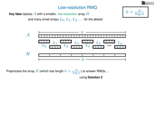 Low-resolution RMQ
A
Key Idea replace A with a smaller, ‘low resolution’ array H
H
˜n
Preprocess the array H (which has length ˜n = n
log n ) to answer RMQs. . .
and many small arrays L0, L1, L2 . . . ‘for the details’
n
˜n = n
log n
using Solution 2
L0
L1
L2
L3
L4
L5 L˜n
 