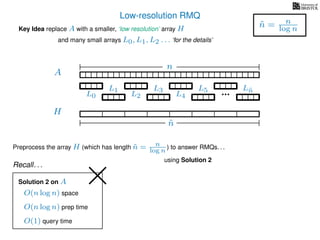 Low-resolution RMQ
A
Key Idea replace A with a smaller, ‘low resolution’ array H
H
˜n
Preprocess the array H (which has length ˜n = n
log n ) to answer RMQs. . .
and many small arrays L0, L1, L2 . . . ‘for the details’
n
˜n = n
log n
using Solution 2
Solution 2 on A
O(n log n) prep time
O(1) query time
O(n log n) space
Recall. . .
L0
L1
L2
L3
L4
L5 L˜n
 