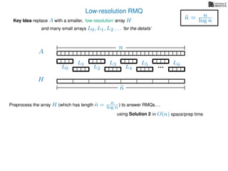 Low-resolution RMQ
A
Key Idea replace A with a smaller, ‘low resolution’ array H
H
˜n
Preprocess the array H (which has length ˜n = n
log n ) to answer RMQs. . .
and many small arrays L0, L1, L2 . . . ‘for the details’
n
˜n = n
log n
using Solution 2 in O(n) space/prep time
L0
L1
L2
L3
L4
L5 L˜n
 