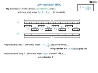 Low-resolution RMQ
A
Key Idea replace A with a smaller, ‘low resolution’ array H
H
˜n
Preprocess the array H (which has length ˜n = n
log n ) to answer RMQs. . .
and many small arrays L0, L1, L2 . . . ‘for the details’
n
˜n = n
log n
using Solution 2 in O(n) space/prep time
Preprocess each array Li (which has length log n) to answer RMQs. . .
using Solution 2
L0
L1
L2
L3
L4
L5 L˜n
 