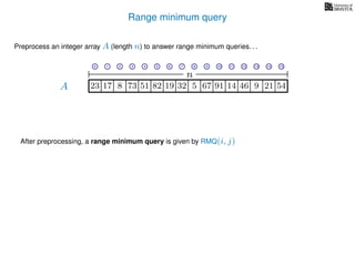 Range minimum query
A
Preprocess an integer array A (length n) to answer range minimum queries. . .
n
After preprocessing, a range minimum query is given by RMQ(i, j)
17 823 73 51 82 19 32 5 67 91 14 46 9 21 54
0 1 2 3 4 5 6 7 8 9 10 11 12 13 14 15
 