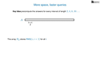 More space, faster queries
Key Idea precompute the answers for every interval of length 2, 4, 8, 16 . . .
The array R2 stores RMQ(i, i + 1) for all i
A
2
 