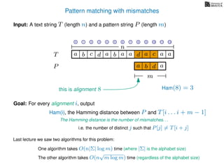 Pattern matching with mismatches
T
Input: A text string T (length n) and a pattern string P (length m)
P
ba b c a a d ad a
Goal: For every alignment i, output
The Hamming distance is the number of mismatches. . .
c a a
i.e. the number of distinct j such that P[j] = T[i + j]
Last lecture we saw two algorithms for this problem:
0 1 2 3 4 5 6 7 8 9 10 11 12
n
a b d
m
a
Ham(8) = 3
Ham(i), the Hamming distance between P and T[i . . . i + m − 1]
this is alignment 8
One algorithm takes O(n|Σ| log m) time (where |Σ| is the alphabet size)
The other algorithm takes O(n
√
m log m) time (regardless of the alphabet size)
 