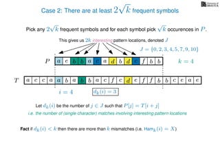 Case 2: There are at least 2
√
k frequent symbols
Pick any 2
√
k frequent symbols and for each symbol pick
√
k occurences in P.
This gives us 2k interesting pattern locations, denoted J
k = 4d bc ab b daP a dcb b da c bbfe
J = {0, 2, 3, 4, 5, 7, 9, 10}
Let dk(i) be the number of j ∈ J such that P[j] = T[i + j]
i.e. the number of (single character) matches involving interesting pattern locations
b da b d bfT b b c caa f e f cc c aa ab e e
i = 4 dk(i) = 3
Fact if dk(i) < k then there are more than k mismatches (i.e. Hamk(i) = X)
 