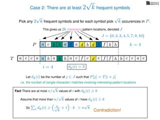 Case 2: There are at least 2
√
k frequent symbols
Pick any 2
√
k frequent symbols and for each symbol pick
√
k occurences in P.
This gives us 2k interesting pattern locations, denoted J
k = 4d bc ab b daP a dcb b da c bbfe
J = {0, 2, 3, 4, 5, 7, 9, 10}
Let dk(i) be the number of j ∈ J such that P[j] = T[i + j]
i.e. the number of (single character) matches involving interesting pattern locations
b da b d bfT b b c caa f e f cc c aa ab e e
i = 4 dk(i) = 3
Fact There are at most n/
√
k values of i with dk(i) k
Assume that more than n/
√
k values of i have dk(i) k
So i dk(i) n√
k
+ 1 · k > n
√
k
Contradiction!
 