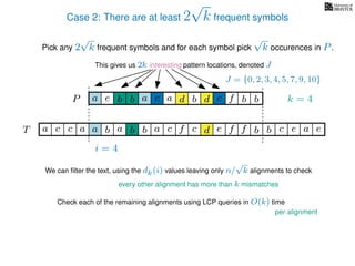 Case 2: There are at least 2
√
k frequent symbols
Pick any 2
√
k frequent symbols and for each symbol pick
√
k occurences in P.
This gives us 2k interesting pattern locations, denoted J
k = 4d bc ab b daP a dcb b da c bbfe
J = {0, 2, 3, 4, 5, 7, 9, 10}
b da b d bfT b b c caa f e f cc c aa ab e e
i = 4
We can ﬁlter the text, using the dk(i) values leaving only n/
√
k alignments to check
every other alignment has more than k mismatches
Check each of the remaining alignments using LCP queries in O(k) time
per alignment
 