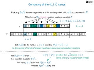 Computing all the dk(i) values
Pick any 2
√
k frequent symbols and for each symbol pick
√
k occurences in P.
This gives us 2k interesting pattern locations, denoted J
k = 4d bc ab b daP a dcb b da c bbfe
J = {0, 2, 3, 4, 5, 7, 9, 10}
b da b d bfT b b c caa f e f cc c aa ab e e
i = 4
For each text character T[i ],
For each j ∈ J such that P[j] = T[i ]
Let dk(i) be the number of j ∈ J such that P[j] = T[i + j]
i.e. the number of (single character) matches involving interesting pattern locations
Let dk(i) = 0 for all i.
increase dk(i − j) by one
T[i ] = P[j] for either 0 or
√
k distinct j ∈ J
(store a list of j values for each symbol)
 