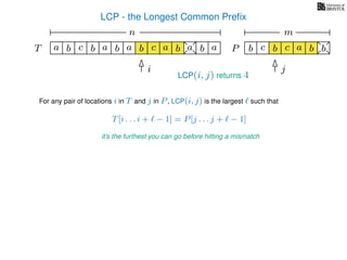 LCP - the Longest Common Preﬁx
T ba b c a b aa b cb a b
For any pair of locations i in T and j in P, LCP(i, j) is the largest such that
T[i . . . i + − 1] = P[j . . . j + − 1]
it’s the furthest you can go before hitting a mismatch
i j
a b c b a bc bP
nn nm
LCP(i, j) returns 4
 