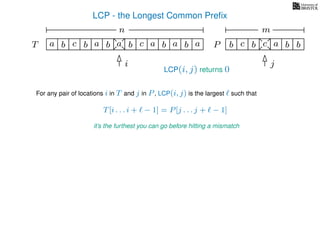 LCP - the Longest Common Preﬁx
T ba b c a b aa b cb a b
For any pair of locations i in T and j in P, LCP(i, j) is the largest such that
T[i . . . i + − 1] = P[j . . . j + − 1]
it’s the furthest you can go before hitting a mismatch
a b c b a bc bP
nn nm
i j
LCP(i, j) returns 0
 