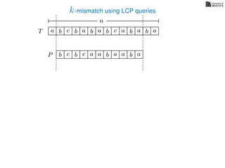 k-mismatch using LCP queries
a
b
c
aT a b c a b aa b cb b a
b c b a bP
nn
a a b a
 