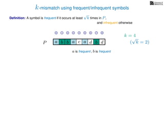 k-mismatch using frequent/infrequent symbols
Deﬁnition: A symbol is frequent if it occurs at least
√
k times in P,
P a d bc ab b da
0 1 2 3 4 5 6 7 8
a is frequent , b is frequent
and infrequent otherwise
k = 4
(
√
k = 2)
 