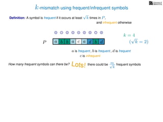 k-mismatch using frequent/infrequent symbols
Deﬁnition: A symbol is frequent if it occurs at least
√
k times in P,
P a d bc ab b da
0 1 2 3 4 5 6 7 8
a is frequent , b is frequent
c is infrequent
and infrequent otherwise
How many frequent symbols can there be? Lots! there could be m√
k
frequent symbols
k = 4
(
√
k = 2)
, d is frequent
 
