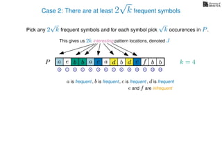 Case 2: There are at least 2
√
k frequent symbols
Pick any 2
√
k frequent symbols and for each symbol pick
√
k occurences in P.
This gives us 2k interesting pattern locations, denoted J
k = 4d bc ab b daP a dcb b da c bbfe
0 1 2 3 4 5 6 7 8 9 10 11 12 13
a is frequent , b is frequent
e and f are infrequent
, d is frequent, c is frequent
 