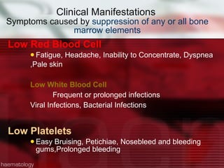Clinical Manifestations  Symptoms caused by  suppression of any or all bone marrow elements Low Red Blood Cell Fatigue, Headache, Inability to Concentrate,  Dyspnea ,Pale skin Low White Blood Cell  Frequent or prolonged infections Viral Infections, Bacterial Infections Low Platelets Easy Bruising, Petichiae,  Nosebleed and bleeding gums,Prolonged bleeding  