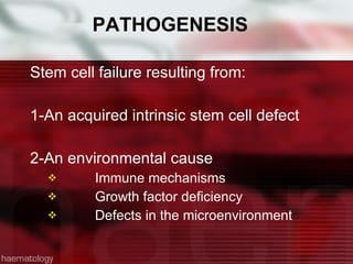 PATHOGENESIS Stem cell failure resulting from: 1-An acquired intrinsic stem cell defect 2-An environmental cause Immune mechanisms Growth factor deficiency  Defects in the microenvironment 