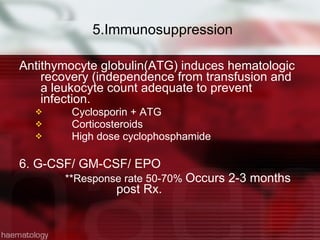 5.Immunosuppression Antithymocyte globulin(ATG) induces hematologic recovery (independence from transfusion and a leukocyte count adequate to prevent infection. Cyclosporin + ATG Corticosteroids High dose cyclophosphamide  6. G-CSF/ GM-CSF/ EPO  **Response rate 50-70%  Occurs 2-3 months  post Rx. 