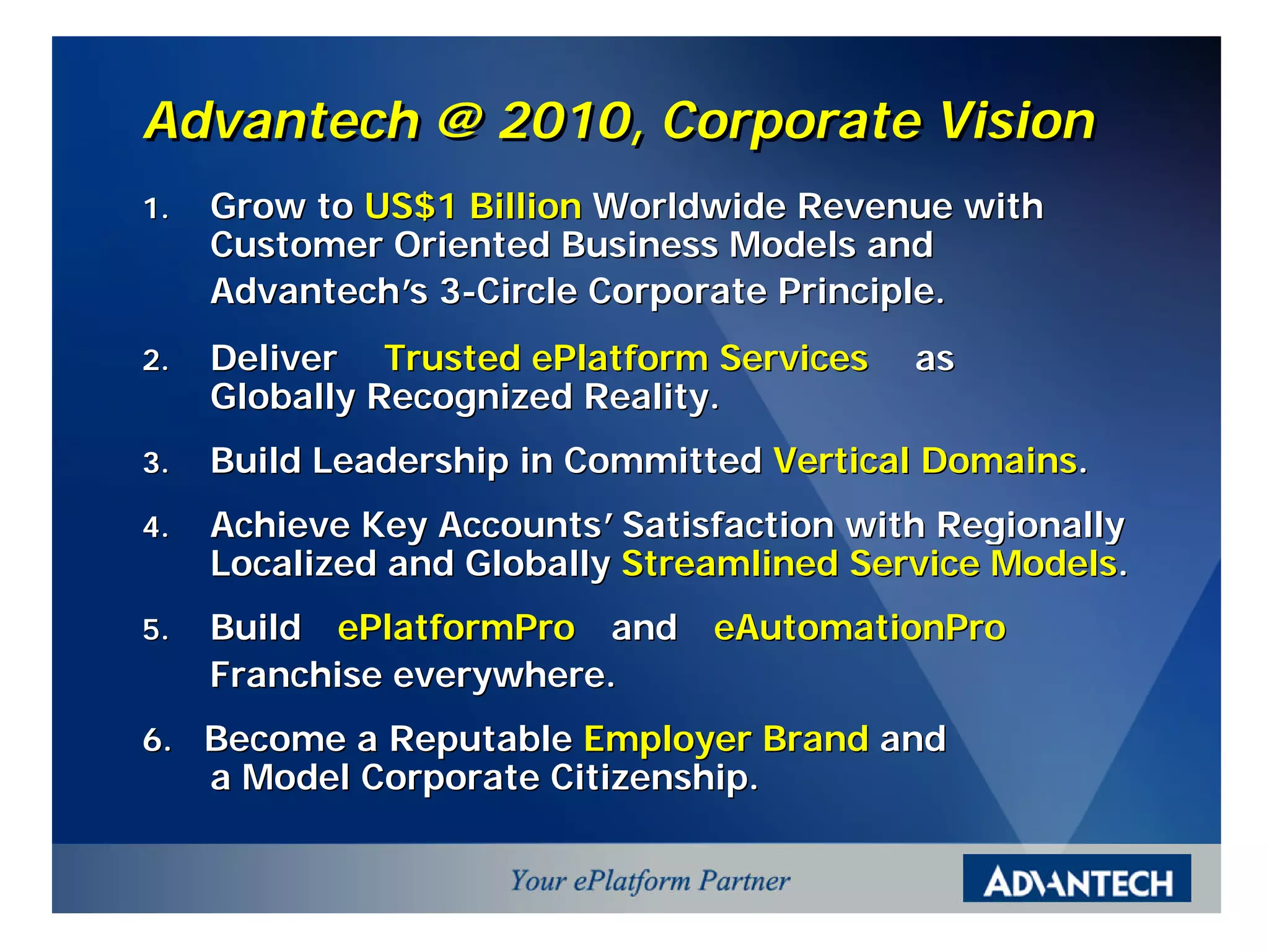 Advantech @ 2010, Corporate Vision
1.   Grow to US$1 Billion Worldwide Revenue with
     Customer Oriented Business Models and
     Advantech’ 3-Circle Corporate Principle.
               s
2.   Deliver ¡yTrusted ePlatform Services¡z as
     Globally Recognized Reality.
3.   Build Leadership in Committed Vertical Domains.
4.   Achieve Key Accounts’ Satisfaction with Regionally
     Localized and Globally Streamlined Service Models.
5.   Build¡yePlatformPro¡zand¡yeAutomationPro¡z
     Franchise everywhere.
6. Become a Reputable Employer Brand and
     a Model Corporate Citizenship.
 