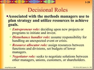 Decisional Roles Associated with the methods managers use to plan strategy and utilize resources to achieve goals. Entrepreneur role:   deciding upon new projects or programs to initiate and invest.  Disturbance handler role:   assume responsibility for handling an unexpected event or crisis. Resource allocator role:  assign resources between functions and divisions, set budgets of lower managers. Negotiator role:   seeks to negotiate solutions between other managers, unions, customers, or shareholders. 1-20 