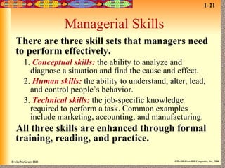 Managerial Skills There are three skill sets that managers need to perform effectively. 1.  Conceptual skills:   the ability to analyze and diagnose a situation and find the cause and effect. 2.  Human skills:   the ability to understand, alter, lead, and control people’s behavior.  3.  Technical skills:   the job-specific knowledge required to perform a task. Common examples include marketing, accounting, and manufacturing. All three skills are enhanced through formal training, reading, and practice.   1-21 