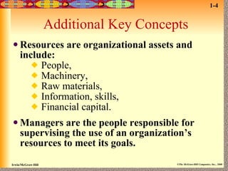 Additional Key Concepts Resources are organizational assets and include: People,  Machinery,  Raw materials,  Information, skills,  Financial capital. Managers are the people responsible for supervising the use of an organization’s resources to meet its goals. 1-4 