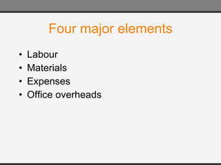 Four major elements Labour Materials Expenses Office overheads 