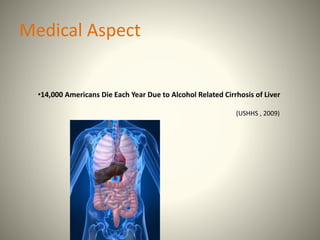 Medical Aspect
•14,000 Americans Die Each Year Due to Alcohol Related Cirrhosis of Liver
(USHHS , 2009)
 