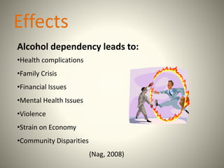 Effects
Alcohol dependency leads to:
•Health complications
•Family Crisis
•Financial Issues
•Mental Health Issues
•Violence
•Strain on Economy
•Community Disparities
(Nag, 2008)
 