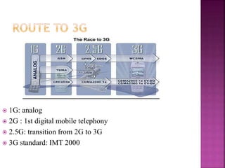  1G: analog
 2G : 1st digital mobile telephony
 2.5G: transition from 2G to 3G
 3G standard: IMT 2000
 