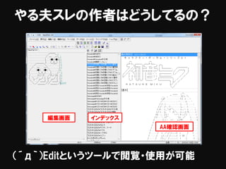 やる夫スレの作者はどうしてるの？
（´д｀）Editというツールで閲覧・使用が可能
編集画面 インデックス
AA確認画面
 