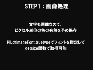 STEP1 : 画像処理
文字も画像なので、
ピクセル単位の色の有無を予め保存
PILのImageFont.truetypeでフォントを指定して
getsize関数で取得可能
 