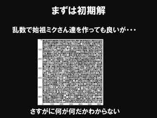 まずは初期解
乱数で始祖ミクさん達を作っても良いが・・・
さすがに何が何だかわからない
 