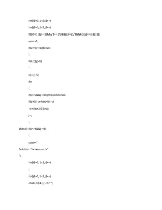 for(i1=0;i1<9;i1++)
for(j1=0;j1<9;j1++)
if((i!=i1||j!=j1)&&i/3==i1/3&&j/3==j1/3&&k[i][j]==k[i1][j1])
error=1;
if(error==0)break;
}
if(k[i][j]>9)
{
k[i][j]=0;
do
{
if(i==0&&j==0)gotonomoresol;
if(j>0)j--;else{j=8;i--;}
}while(K[i][j]>0);
j--;
}
chksol: if(i==8&&j==8)
{
cout<<"
Solution:"<<++count<<"
";
for(i1=0;i1<9;i1++)
{
for(j1=0;j1<9;j1++)
cout<<k[i1][j1]<<"";
 