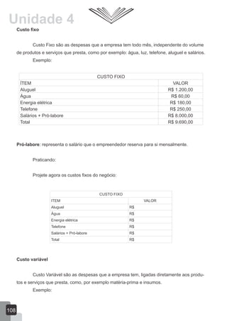 Custo fixo
Custo Fixo são as despesas que a empresa tem todo mês, independente do volume
de produtos e serviços que presta, como por exemplo: água, luz, telefone, aluguel e salários.
Exemplo:
Pró-labore: representa o salário que o empreendedor reserva para si mensalmente.
Praticando:
Projete agora os custos fixos do negócio:
Custo variável
Custo Variável são as despesas que a empresa tem, ligadas diretamente aos produ-
tos e serviços que presta, como, por exemplo matéria-prima e insumos.
Exemplo:
CUSTO FIXO
ÍTEM VALOR
Aluguel R$ 1.200,00
Água R$ 60,00
Energia elétrica R$ 180,00
Telefone R$ 250,00
Salários + Pró-labore R$ 8.000,00
Total R$ 9.690,00
108
Unidade 4
CUSTO FIXO
ITEM VALOR
Aluguel R$
Água R$
Energia elétrica R$
Telefone R$
Salários + Pró-labore R$
Total R$
 