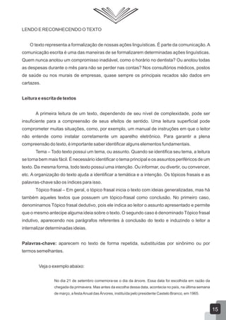 LENDO E RECONHECENDO OTEXTO
O texto representa a formalização de nossas ações linguísticas. É parte da comunicação.A
comunicação escrita é uma das maneiras de se formalizarem determinadas ações linguísticas.
Quem nunca anotou um compromisso inadiável, como o horário no dentista? Ou anotou todas
as despesas durante o mês para não se perder nas contas? Nos consultórios médicos, postos
de saúde ou nos murais de empresas, quase sempre os principais recados são dados em
cartazes.
Leitura e escrita de textos
A primeira leitura de um texto, dependendo de seu nível de complexidade, pode ser
insuficiente para a compreensão de seus efeitos de sentido. Uma leitura superficial pode
comprometer muitas situações, como, por exemplo, um manual de instruções em que o leitor
não entende como instalar corretamente um aparelho eletrônico. Para garantir a plena
compreensão do texto, é importante saber identificar alguns elementos fundamentais.
Tema – Todo texto possui um tema, ou assunto. Quando se identifica seu tema, a leitura
se torna bem mais fácil. É necessário identificar o tema principal e os assuntos periféricos de um
texto. Da mesma forma, todo texto possui uma intenção. Ou informar, ou divertir, ou convencer,
etc. A organização do texto ajuda a identificar a temática e a intenção. Os tópicos frasais e as
palavras-chave são os índices para isso.
Tópico frasal – Em geral, o tópico frasal inicia o texto com ideias generalizadas, mas há
também aqueles textos que possuem um tópico-frasal como conclusão. No primeiro caso,
denominamos Tópico frasal dedutivo, pois ele indica ao leitor o assunto apresentado e permite
que o mesmo antecipe alguma ideia sobre o texto. O segundo caso é denominado Tópico frasal
indutivo, aparecendo nos parágrafos referentes à conclusão do texto e induzindo o leitor a
internalizar determinadas ideias.
Palavras-chave: aparecem no texto de forma repetida, substituídas por sinônimo ou por
termos semelhantes.
Veja o exemplo abaixo:
No dia 21 de setembro comemora-se o dia da árvore. Essa data foi escolhida em razão da
chegada da primavera. Mas antes da escolha dessa data, acontecia no país, na última semana
de março, a festaAnual das Árvores, instituída pelo presidente Castelo Branco, em 1965.
15
 