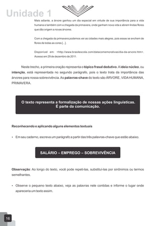 Mais adiante, a árvore ganhou um dia especial em virtude de sua importância para a vida
humana e também com a chegada da primavera, onde ganham nova vida e abrem lindas flores
que dão origem a novas árvores.
Com a chegada da primavera podemos ver as cidades mais alegres, pois essas se enchem de
flores de todas as cores [...].
Disponível em: <http://www.brasilescola.com/datacomemorativas/dia-da-arvore.htm>.
Acesso em 29 de dezembro de 2011.
Neste trecho, a primeira oração representa o tópico frasal dedutivo.Aideia núcleo, ou
intenção, está representada no segundo parágrafo, pois o texto trata da importância das
árvores para nossa sobrevivência. As palavras-chave do texto são ÁRVORE, VIDAHUMANA,
PRIMAVERA.
Reconhecendo e aplicando alguns elementos textuais
 Em seu caderno, escreva um parágrafo a partir das três palavras-chave que estão abaixo.
Observação: Ao longo do texto, você pode repeti-las, substituí-las por sinônimos ou termos
semelhantes.
 Observe o pequeno texto abaixo, veja as palavras nele contidas e informe o lugar onde
apareceria um texto assim.
O texto representa a formalização de nossas ações linguísticas.
É parte da comunicação.
SALÁRIO – EMPREGO – SOBREVIVÊNCIA
Unidade 1
16
 