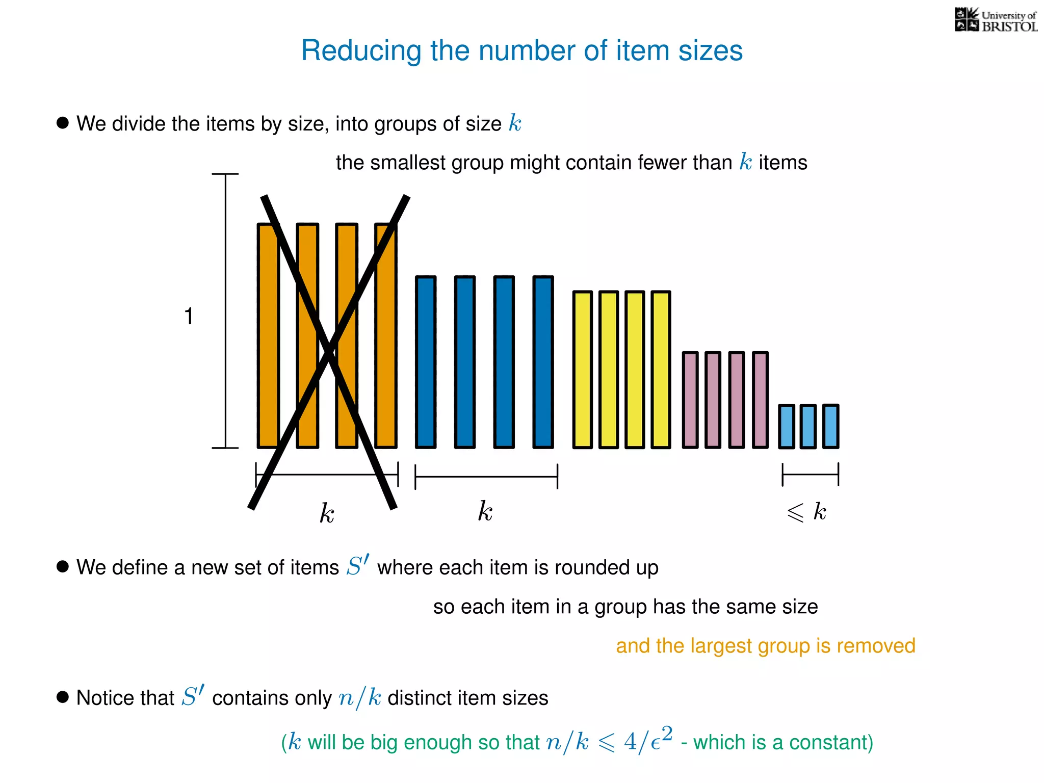 Reducing the number of item sizes
• We divide the items by size, into groups of size k
k k k
1
the smallest group might contain fewer than k items
• We deﬁne a new set of items S where each item is rounded up
so each item in a group has the same size
• Notice that S contains only n/k distinct item sizes
and the largest group is removed
(k will be big enough so that n/k 4/ 2 - which is a constant)
 