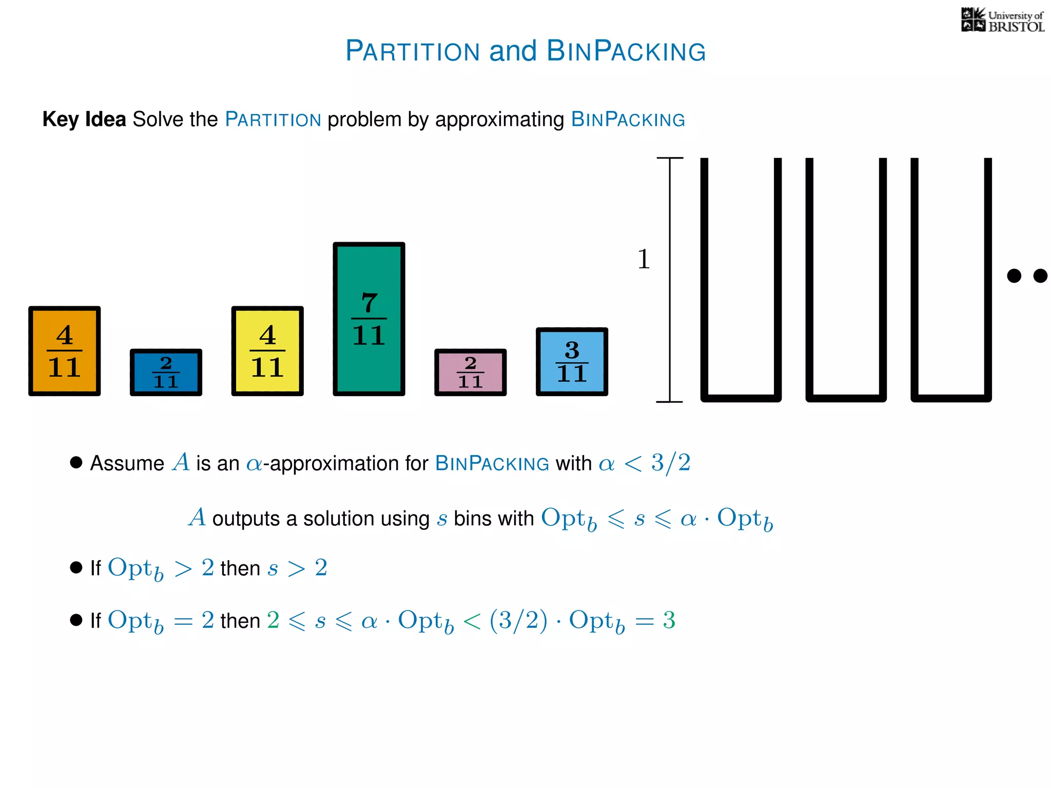 PARTITION and BINPACKING
Key Idea Solve the PARTITION problem by approximating BINPACKING
4
11
4
11
7
11 3
112
11
2
11
1
• Assume A is an α-approximation for BINPACKING with α < 3/2
A outputs a solution using s bins with Optb s α · Optb
• If Optb > 2 then s > 2
• If Optb = 2 then 2 s α · Optb < (3/2) · Optb = 3
 