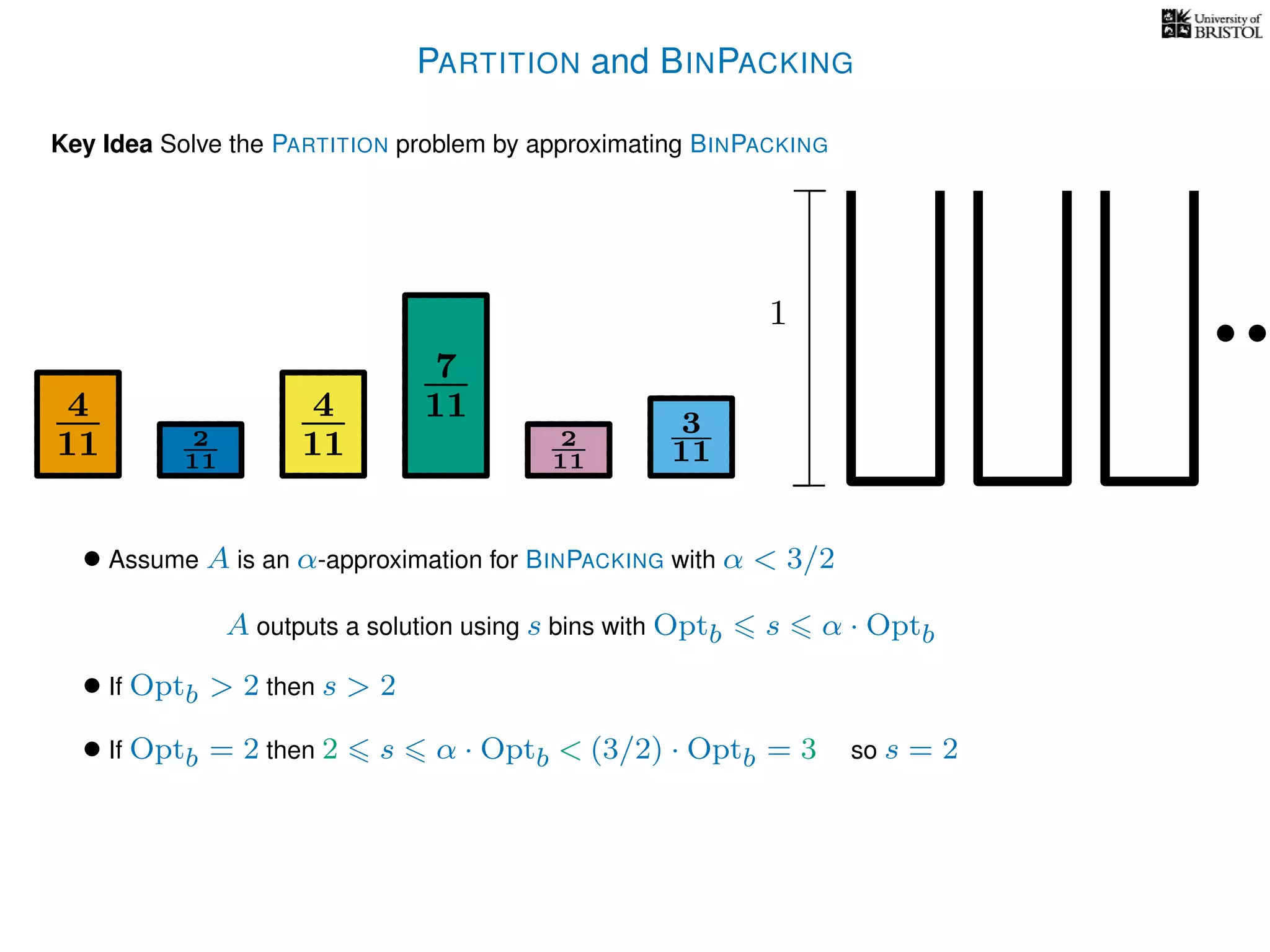 PARTITION and BINPACKING
Key Idea Solve the PARTITION problem by approximating BINPACKING
4
11
4
11
7
11 3
112
11
2
11
1
• Assume A is an α-approximation for BINPACKING with α < 3/2
A outputs a solution using s bins with Optb s α · Optb
• If Optb > 2 then s > 2
so s = 2• If Optb = 2 then 2 s α · Optb < (3/2) · Optb = 3
 