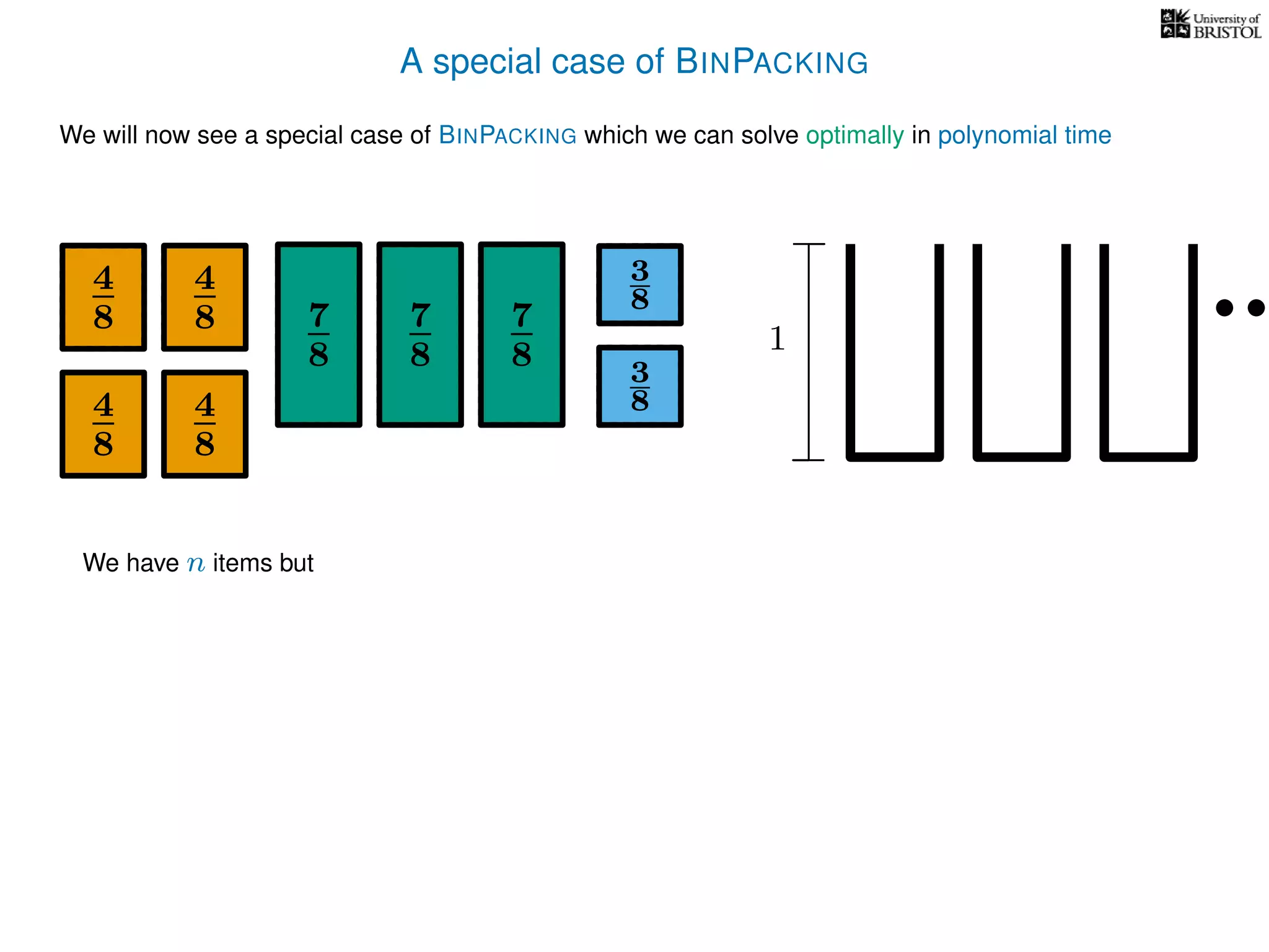 A special case of BINPACKING
We will now see a special case of BINPACKING which we can solve optimally in polynomial time
4
8
7
8
3
8
1
4
8
4
8 7
8
7
8
4
8
3
8
We have n items but
 