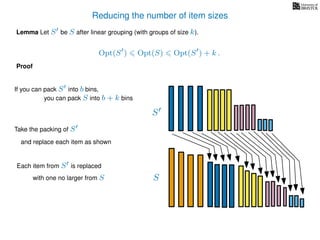 Reducing the number of item sizes
Proof
Lemma Let S be S after linear grouping (with groups of size k).
Opt(S ) Opt(S) Opt(S ) + k .
S
S
If you can pack S into b bins,
you can pack S into b + k bins
Take the packing of S
and replace each item as shown
Each item from S is replaced
with one no larger from S
 