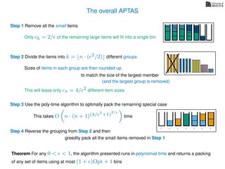 The overall APTAS
Step 1 Remove all the small items
Step 2 Divide the items into k = n · ( 2/2) different groups
Only cb = 2/ of the remaining large items will ﬁt into a single bin
Sizes of items in each group are then rounded up
to match the size of the largest member
This will leave only cs = 4/ 2 different item sizes
Step 3 Use the poly-time algorithm to optimally pack the remaining special case
Step 4 Reverse the grouping from Step 2 and then
greedily pack all the small items removed in Step 1
(and the largest group is removed)
This takes O n · (n + 1)(4/ 2
+1)
2/
time
Theorem For any 0 < < 1, the algorithm presented runs in polynomial time and returns a packing
of any set of items using at most (1 + )Opt + 1 bins
3 4 5 64 5 5
 