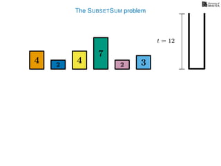The SUBSETSUM problem
4 4
7
322
t = 12
 