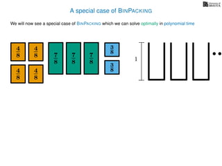 A special case of BINPACKING
We will now see a special case of BINPACKING which we can solve optimally in polynomial time
4
8
7
8
3
8
1
4
8
4
8 7
8
7
8
4
8
3
8
 