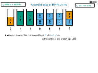 A special case of BINPACKING
4
8
3
8
3
87
8 3
8
4
8
3 4 5 6
• We can completely describe any packing of S into b n bins
by the number of bins of each type used
7
8
4
3
8
3
8
5
3
8
3
8
5
cb items ﬁt in each bin
cs diff. item sizes
 