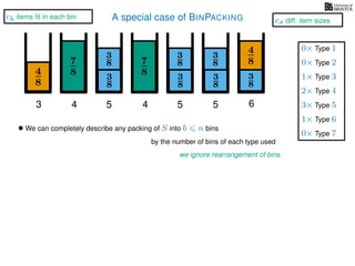 A special case of BINPACKING
• We can completely describe any packing of S into b n bins
we ignore rearrangement of bins
by the number of bins of each type used
4
8
3
8
3
87
8 3
8
4
8
3 4 5 6
7
8
4
3
8
3
8
5
3
8
3
8
5
1× Type 3
2× Type 4
3× Type 5
1× Type 6
0× Type 1
0× Type 2
0× Type 7
cb items ﬁt in each bin
cs diff. item sizes
 